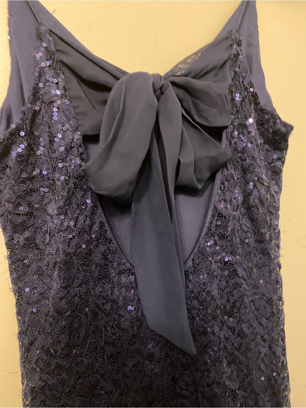 Navy Sequin Lace Strapless Dress with Bow-Back Detail